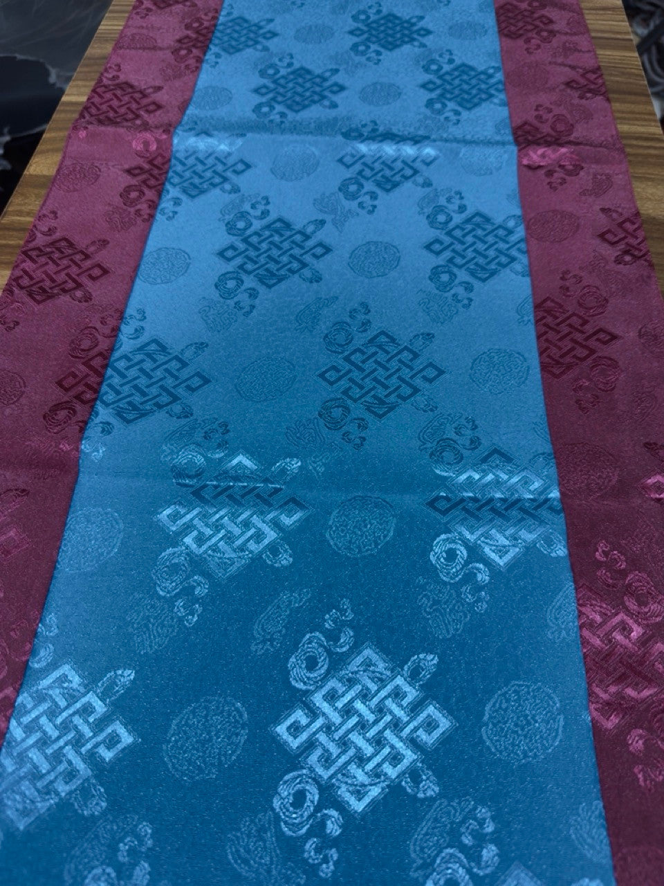 Tibetan Buddhist maroon / blue endless knot light silk brocade table runner / cover / shrine cloth