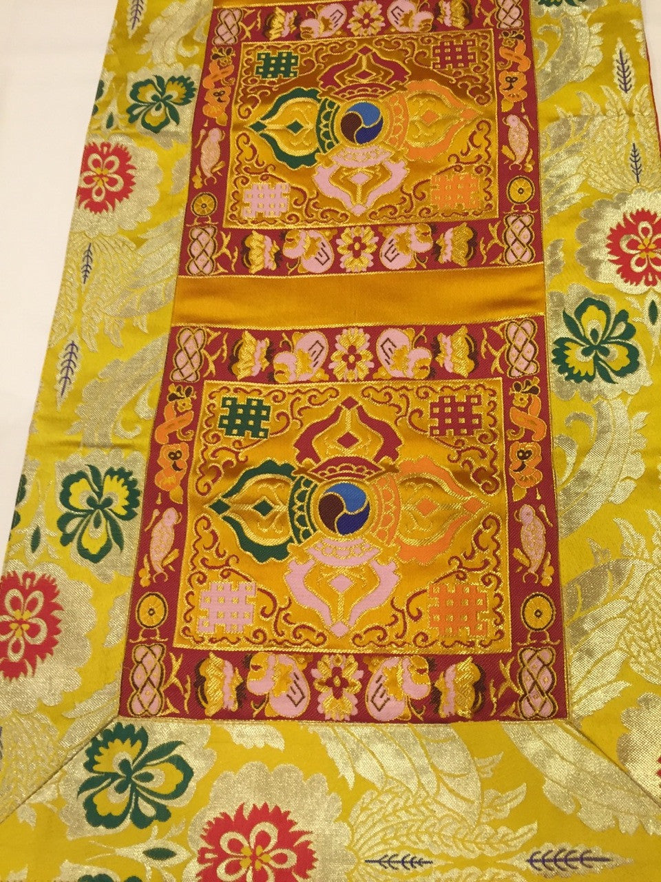 Tibetan yellow double dorje silk brocade table runner / shrine cover / altar cloth / table cover