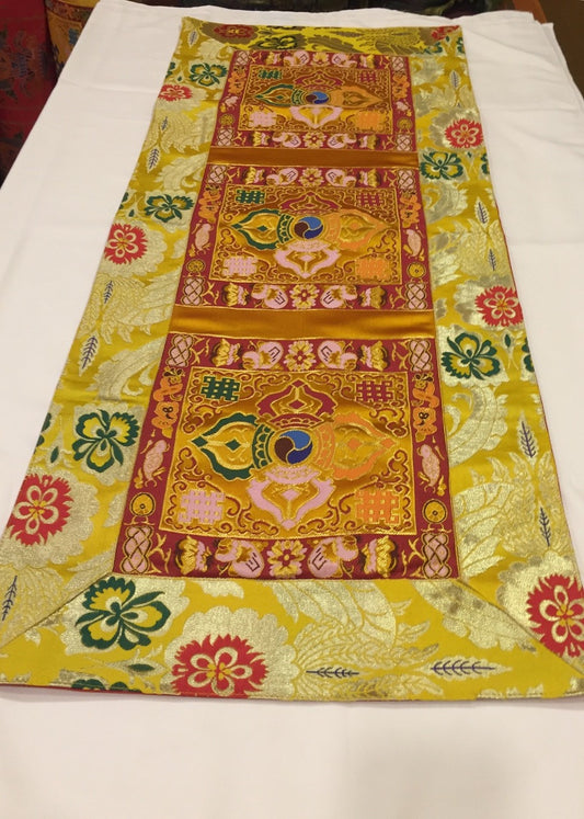 Tibetan yellow double dorje silk brocade table runner / shrine cover / altar cloth / table cover