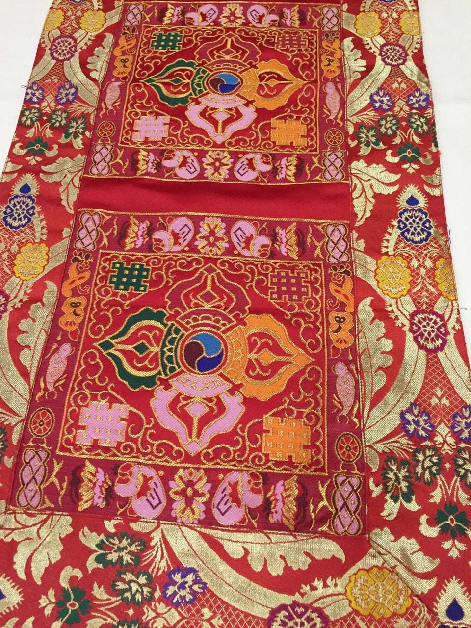 Tibetan red double dorje silk brocade table runner / shrine cover / altar cloth / table cover