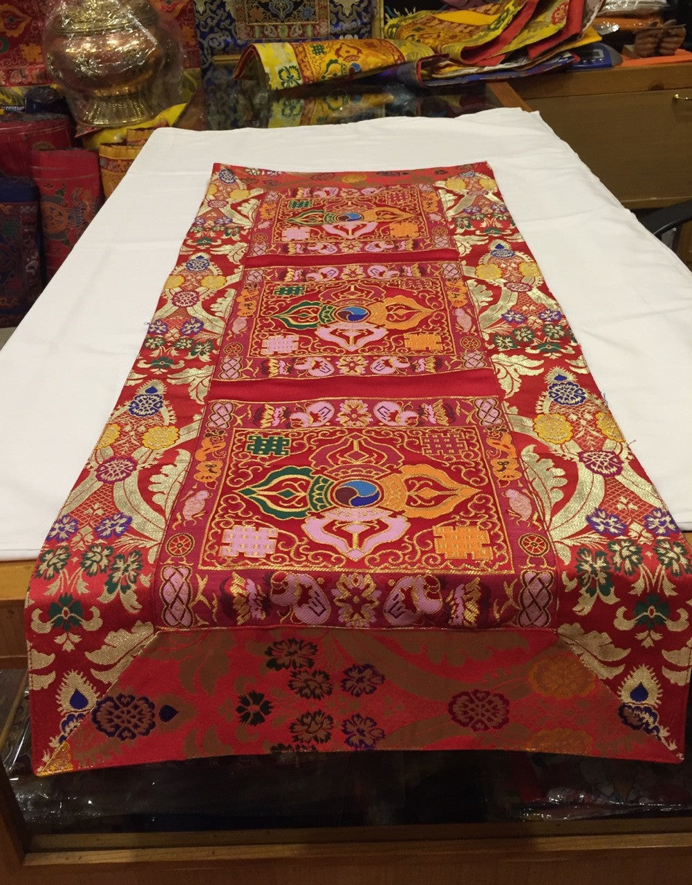 Tibetan red double dorje silk brocade table runner / shrine cover / altar cloth / table cover