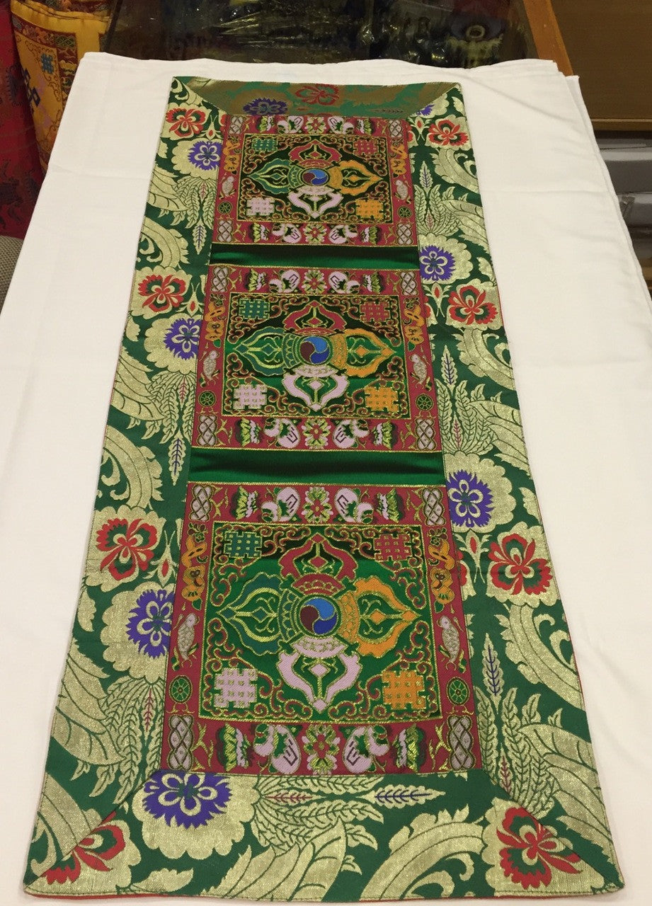 Tibetan green double dorje silk brocade table runner / shrine cover / altar cloth / table cover