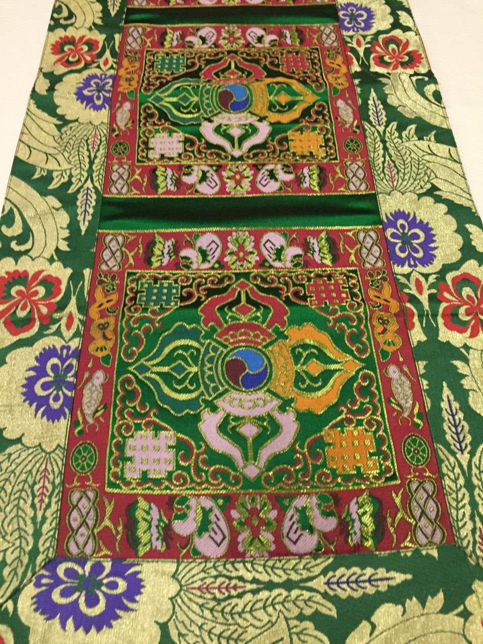 Tibetan green double dorje silk brocade table runner / shrine cover / altar cloth / table cover