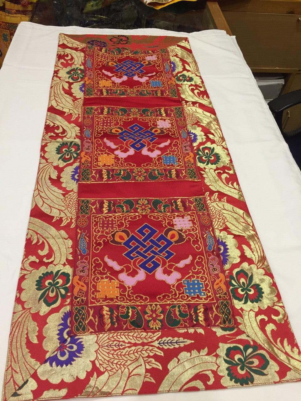 Tibetan red endless knot silk brocade table runner / shrine cover / altar cloth / table cover