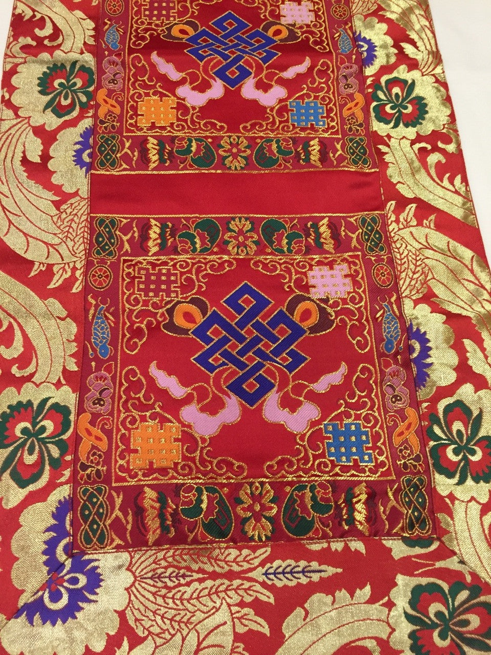 Tibetan red endless knot silk brocade table runner / shrine cover / altar cloth / table cover