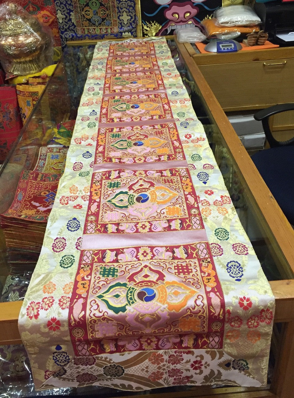 Tibetan white double Dorje Silk Brocade Large Table Runner/shrine table cover