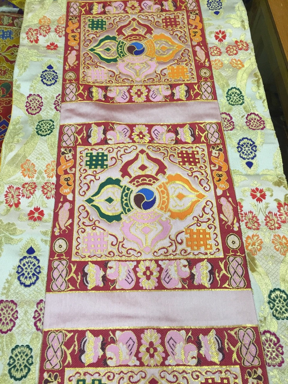 Tibetan white double Dorje Silk Brocade Large Table Runner/shrine table cover