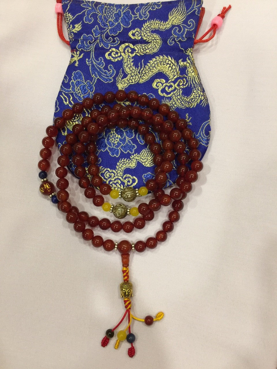 Tibetan Buddhist Carnelian Stone Mala With Om Mani Mantra Spacers / Prayer Beads