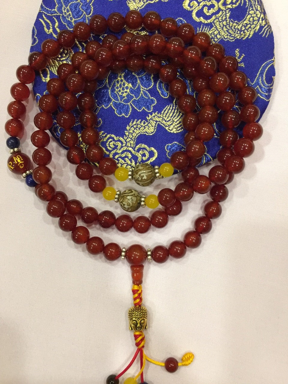 Tibetan Buddhist Carnelian Stone Mala With Om Mani Mantra Spacers / Prayer Beads