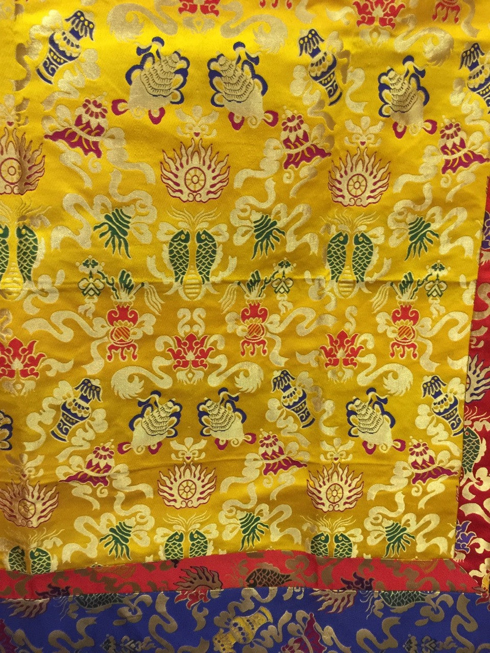 Tibetan large yellow thick silk brocade auspicious symbol shrine table cover / altar cloth