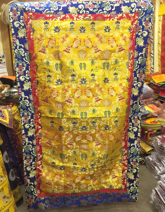 Tibetan auspicious symbol large size yellow thick silk brocade shrine table cover / altar cloth