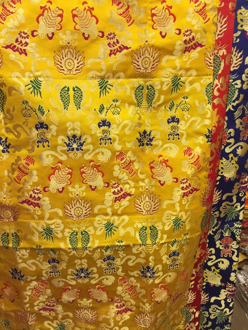 Tibetan auspicious symbol large size yellow thick silk brocade shrine table cover / altar cloth