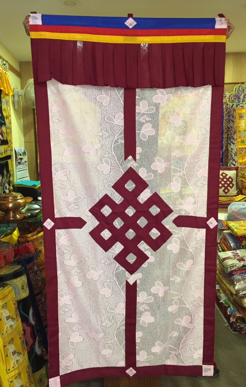 Tibetan buddhist lacy / net endless knot maroon door curtain / door hanging