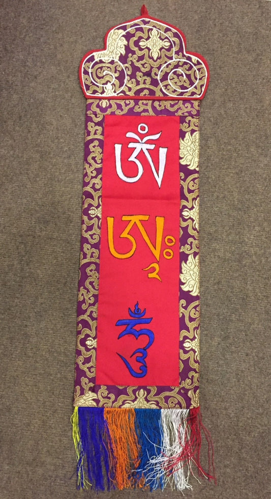 Tibetan Buddhism Embroidered Om Ah Hum / Hung Mantra Banner Wall Hanging Red