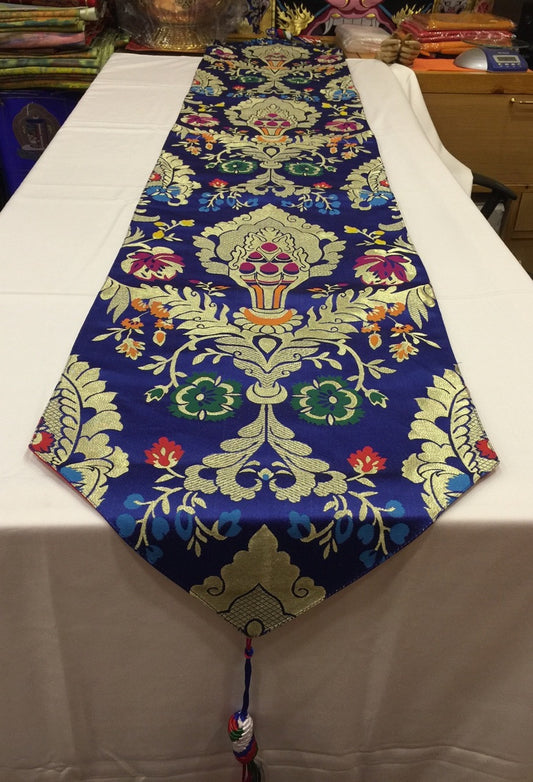 Tibetan Large size silk brocade Blue norbu design ( precious jewel) shrine table runner / table cloth / with colourful blessed tassels