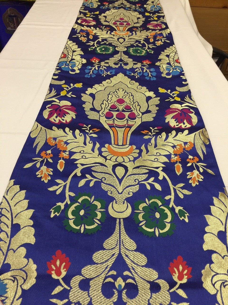 Tibetan Large size silk brocade Blue norbu design ( precious jewel) shrine table runner / table cloth / with colourful blessed tassels