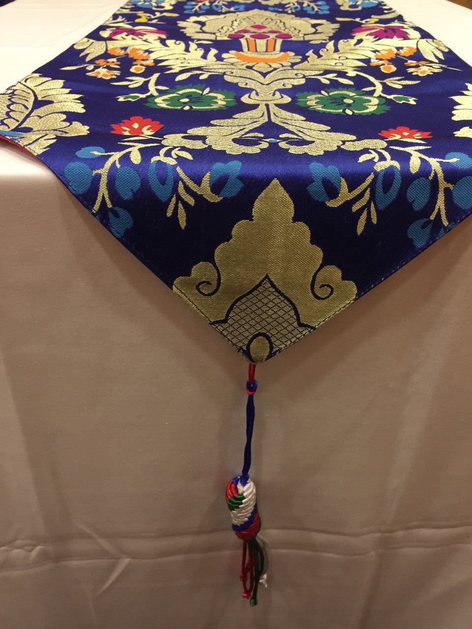 Tibetan Large size silk brocade Blue norbu design ( precious jewel) shrine table runner / table cloth / with colourful blessed tassels