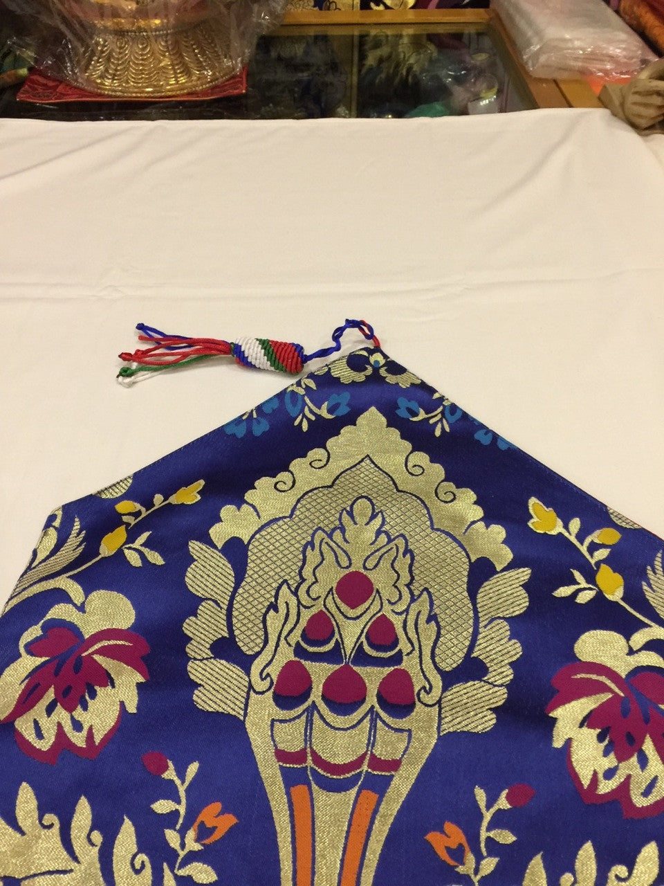 Tibetan Large size silk brocade Blue norbu design ( precious jewel) shrine table runner / table cloth / with colourful blessed tassels