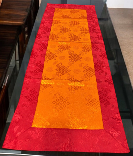 Tibetan Buddhist red / orange endless knot light silk brocade table runner / cover / shrine cloth