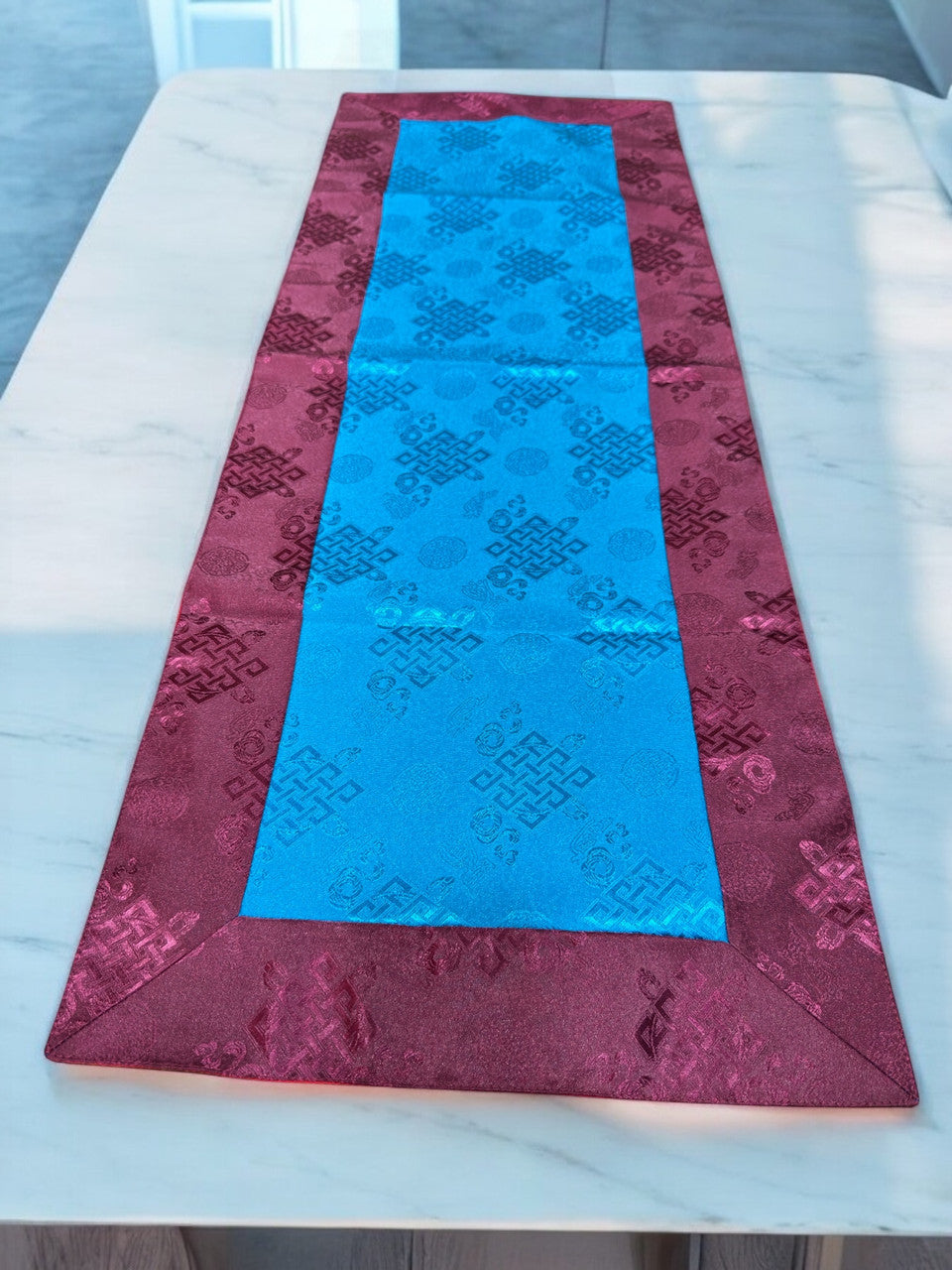 Tibetan Buddhist maroon / blue endless knot light silk brocade table runner / cover / shrine cloth