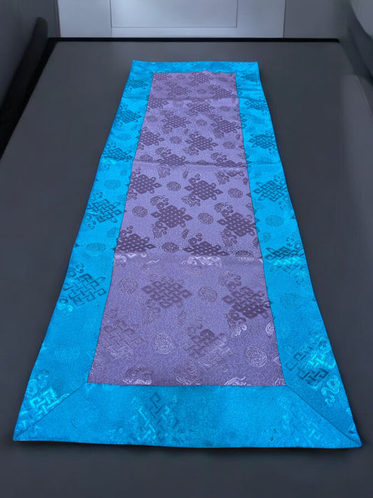 Tibetan Buddhist purple / blue endless knot light silk brocade table runner / cover / shrine cloth