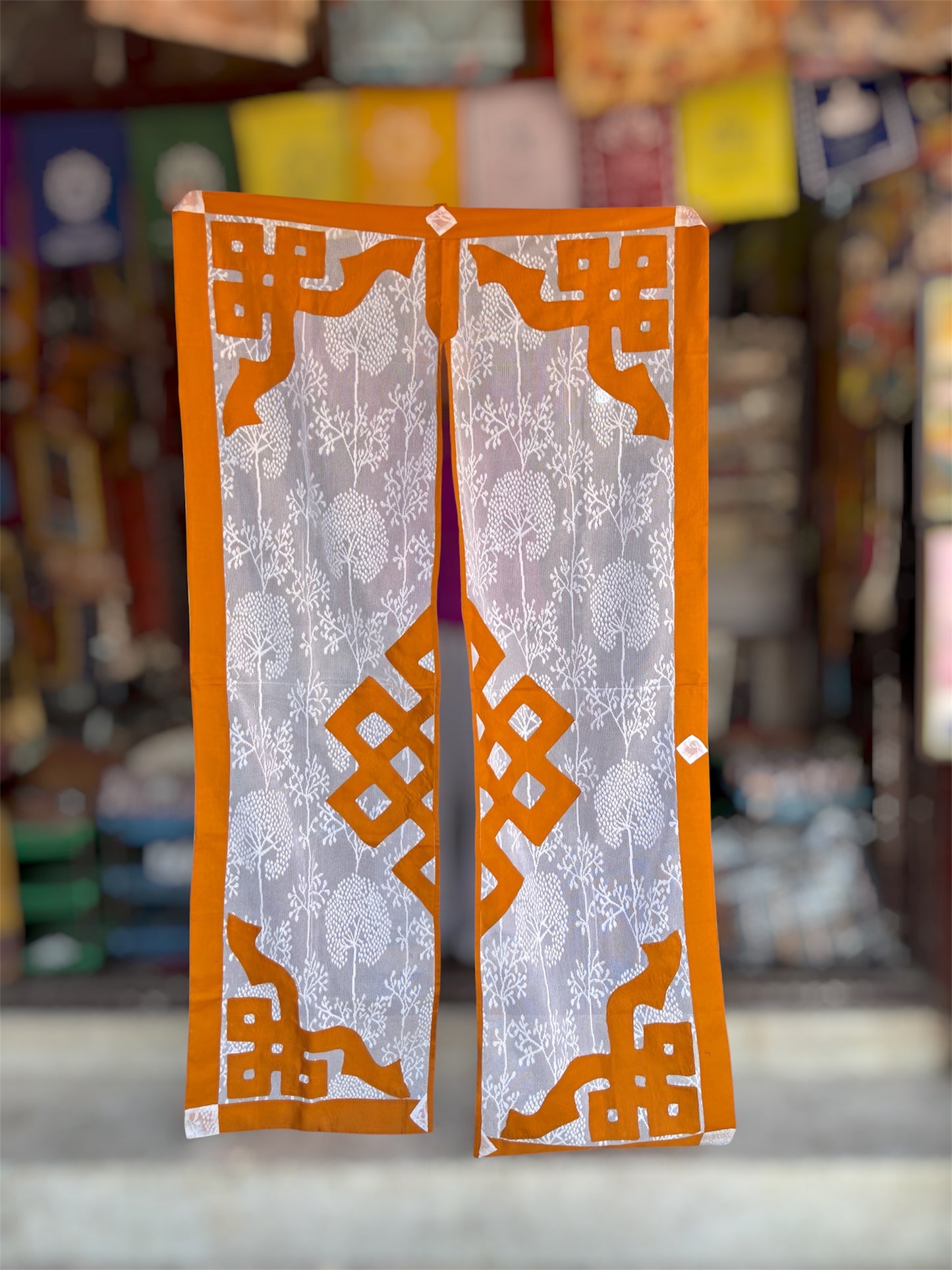 Tibetan buddhist dark yellow lacy/net endless knot split door curtain/door hanging
