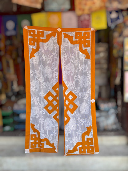 Tibetan buddhist dark yellow lacy/net endless knot split door curtain/door hanging