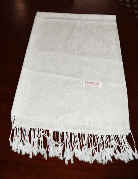 Tibetan Buddhist pashmina and silk white meditation shawl with self design