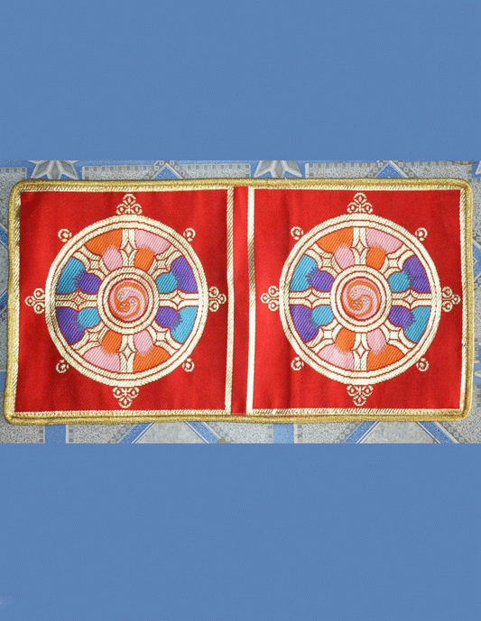 Tibetan Wheel Of Life Silk Red Table Mat / Altar Cloth