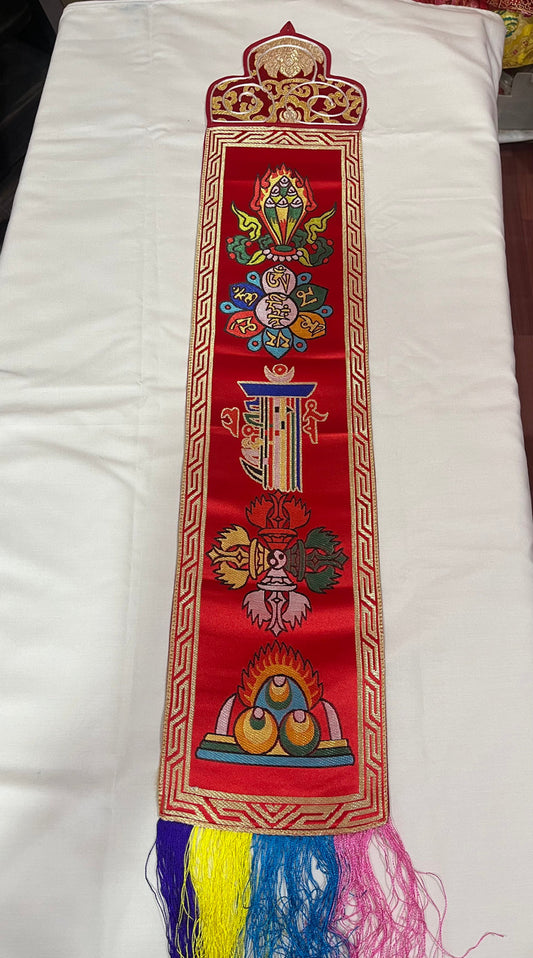 Tibetan buddhist auspicious symbol , mantra silk brocade wall hanging / banner