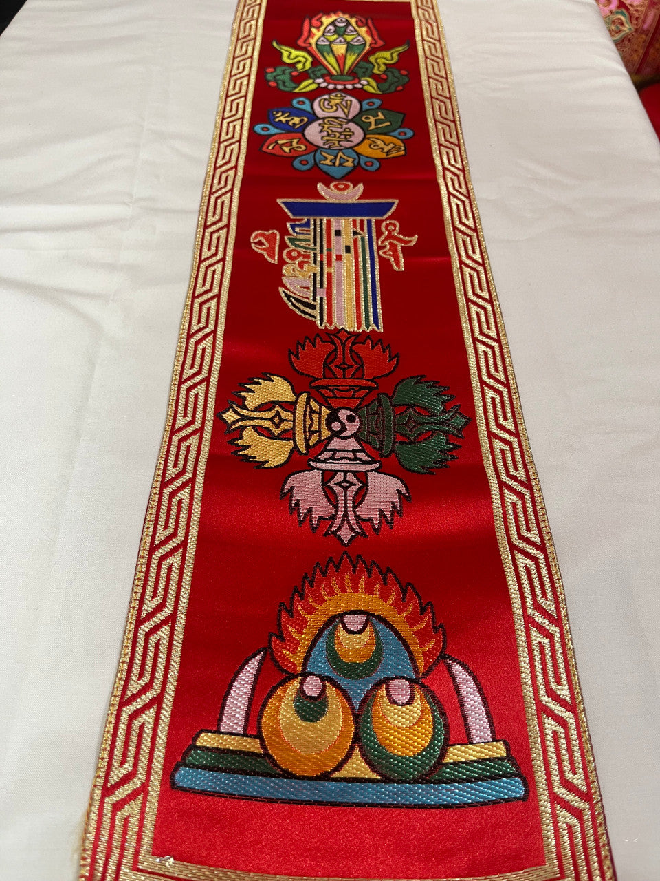 Tibetan buddhist auspicious symbol , mantra silk brocade wall hanging / banner