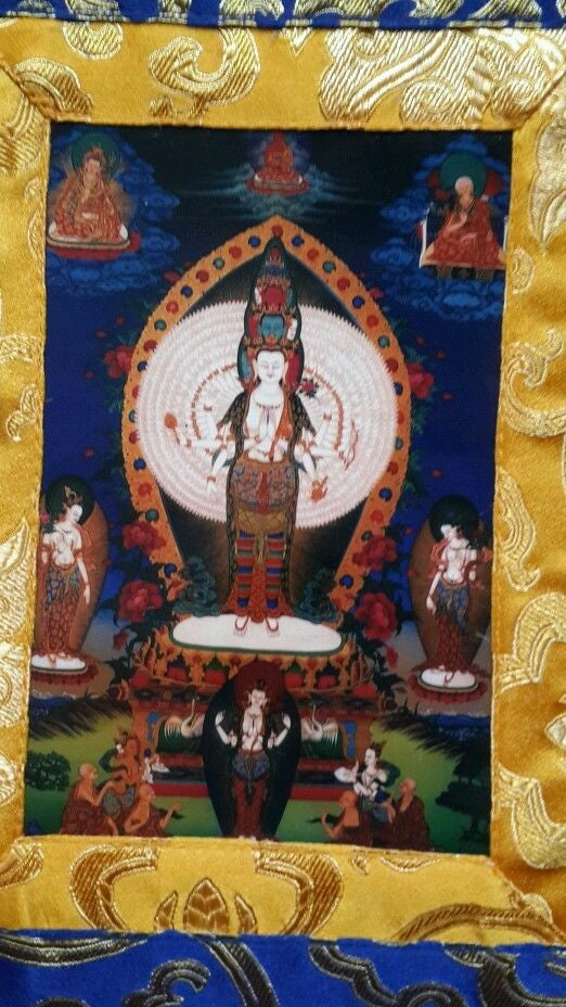 Tibetan silk brocade Avalokiteshvara small photo thangka / wall hanging