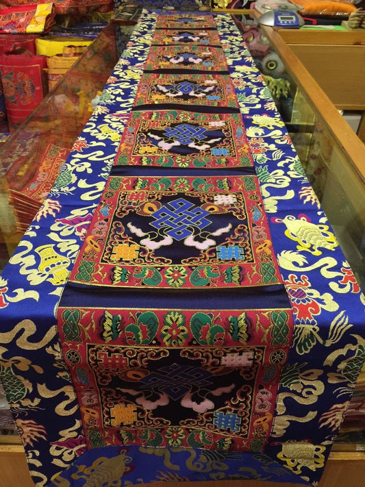 Tibetan silk brocade blue endless knot large table runner / shrine table cover