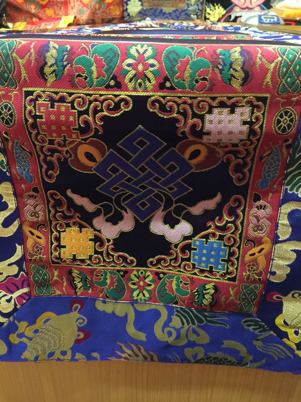 Tibetan silk brocade blue endless knot large table runner / shrine table cover