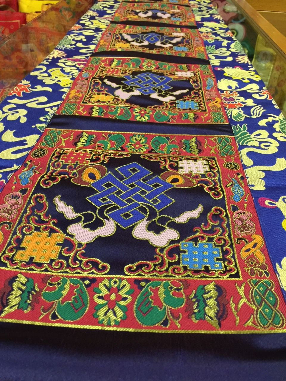 Tibetan silk brocade blue endless knot large table runner / shrine table cover