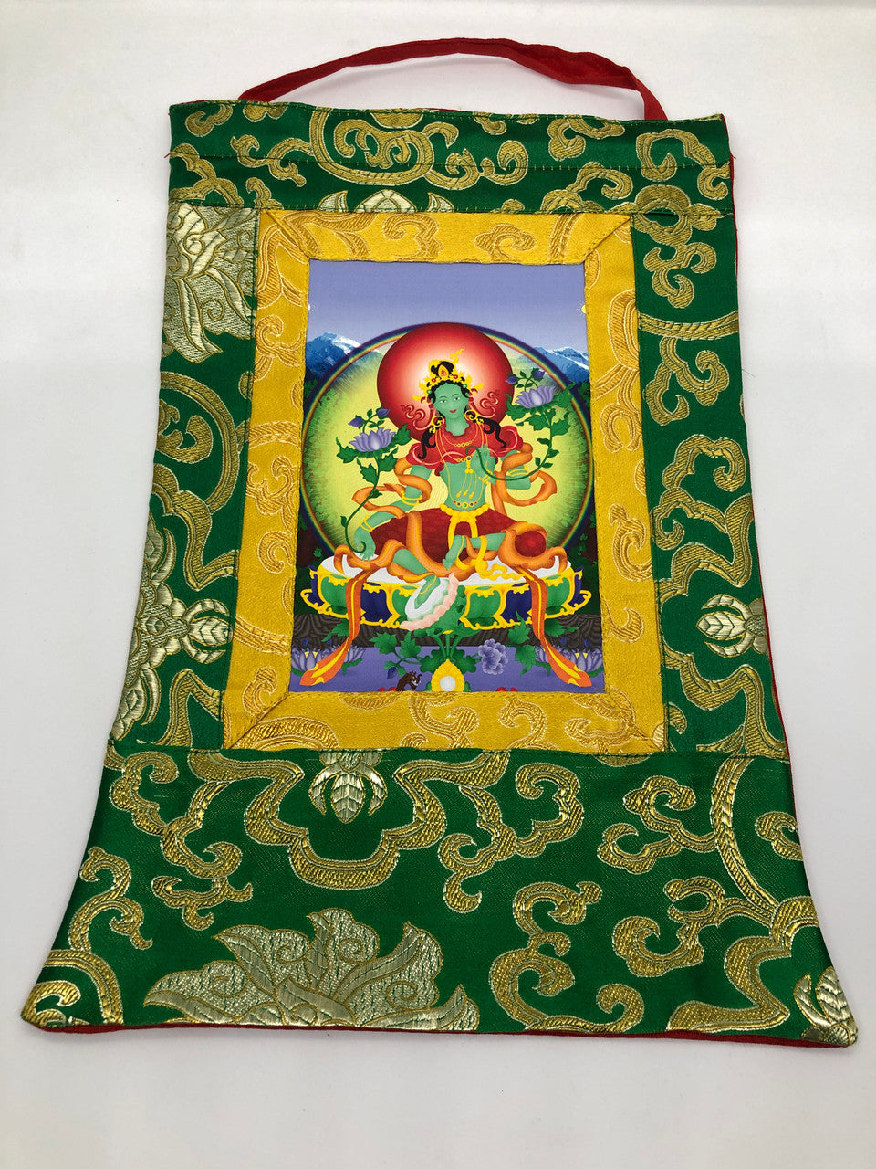 Tibetan Buddhist silk brocade green Tara small thangka / wall hanging / printer on cotton canvas