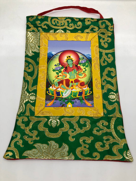 Tibetan Buddhist silk brocade green Tara small thangka / wall hanging / printer on cotton canvas