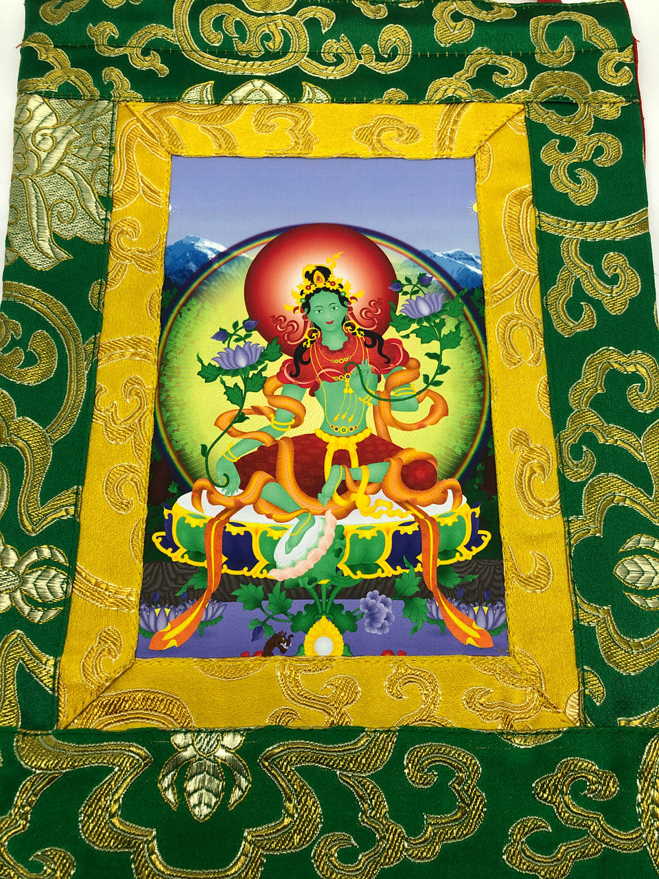 Tibetan Buddhist silk brocade green Tara small thangka / wall hanging / printer on cotton canvas