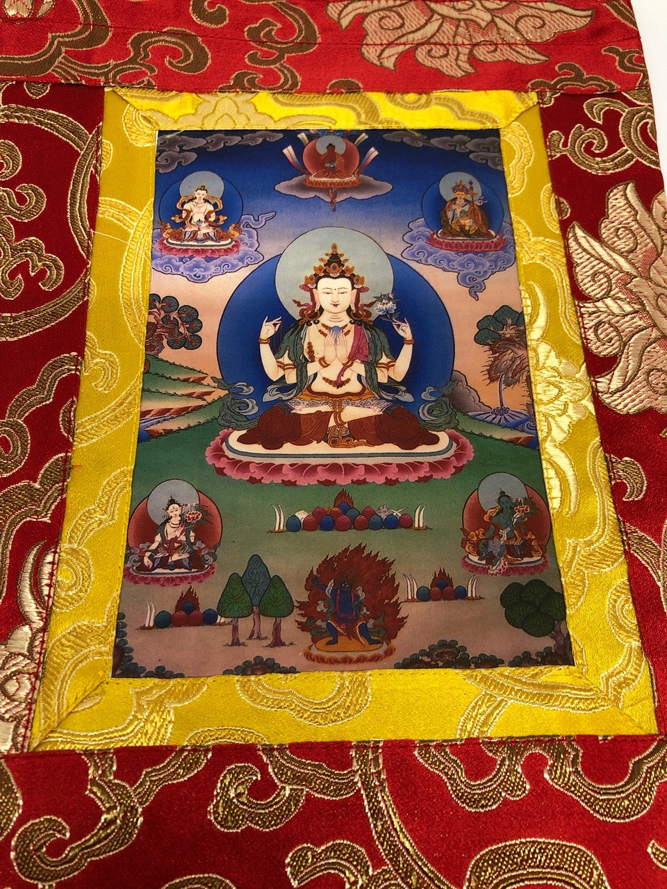 Tibetan silk brocade chenreizig small photo thangka / wall hanging