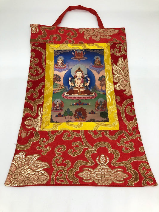 Tibetan silk brocade chenreizig small photo thangka / wall hanging