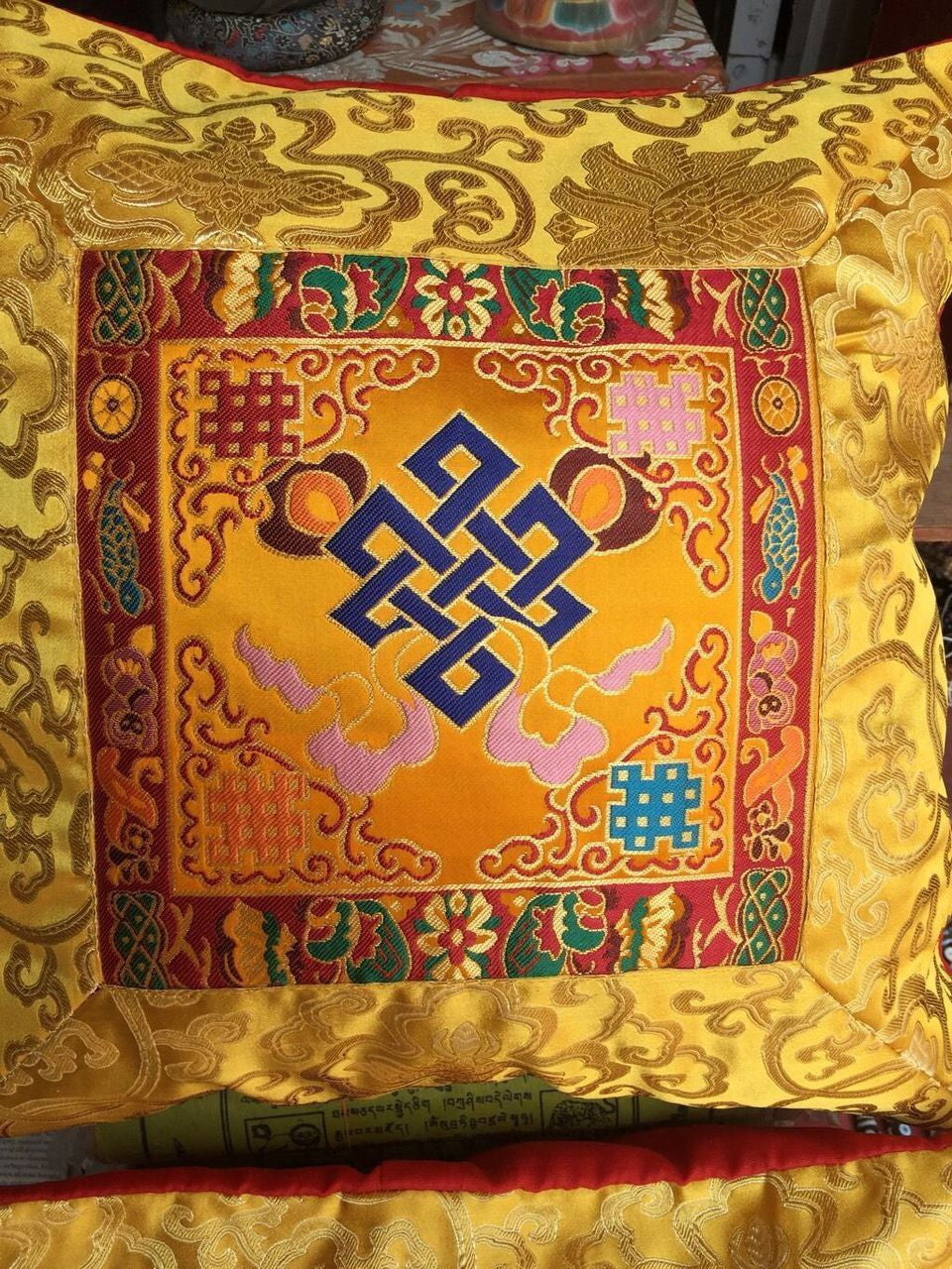 Tibetan silk brocade Cushion / Yellow Endless Knot pillow cover / Eternity Knot pillow cases