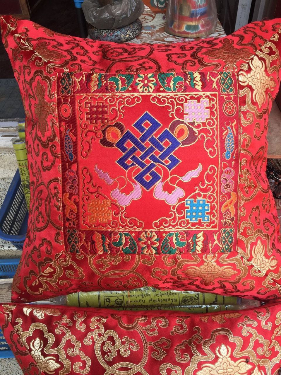 Tibetan silk brocade Cushion / Red Endless Knot pillow cover / Eternity Knot pillow cases