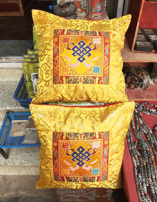 Tibetan silk brocade Cushion / Yellow Endless Knot pillow cover / Eternity Knot pillow cases