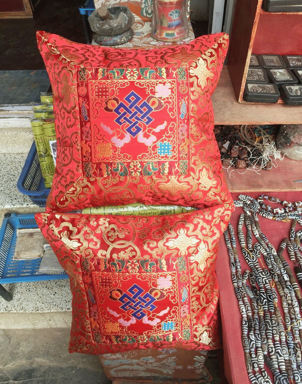 Tibetan silk brocade Cushion / Red Endless Knot pillow cover / Eternity Knot pillow cases