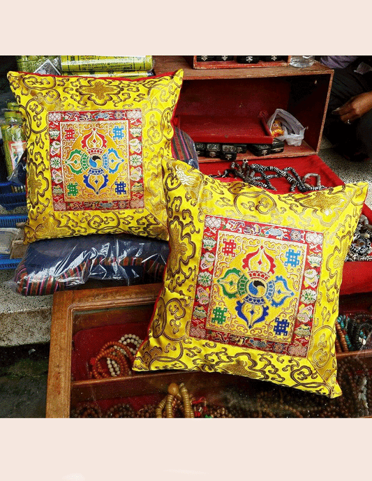 Tibetan Buddhist Yellow Double Dorje silk brocade Cushion cover / Cross Vajra pillow cases