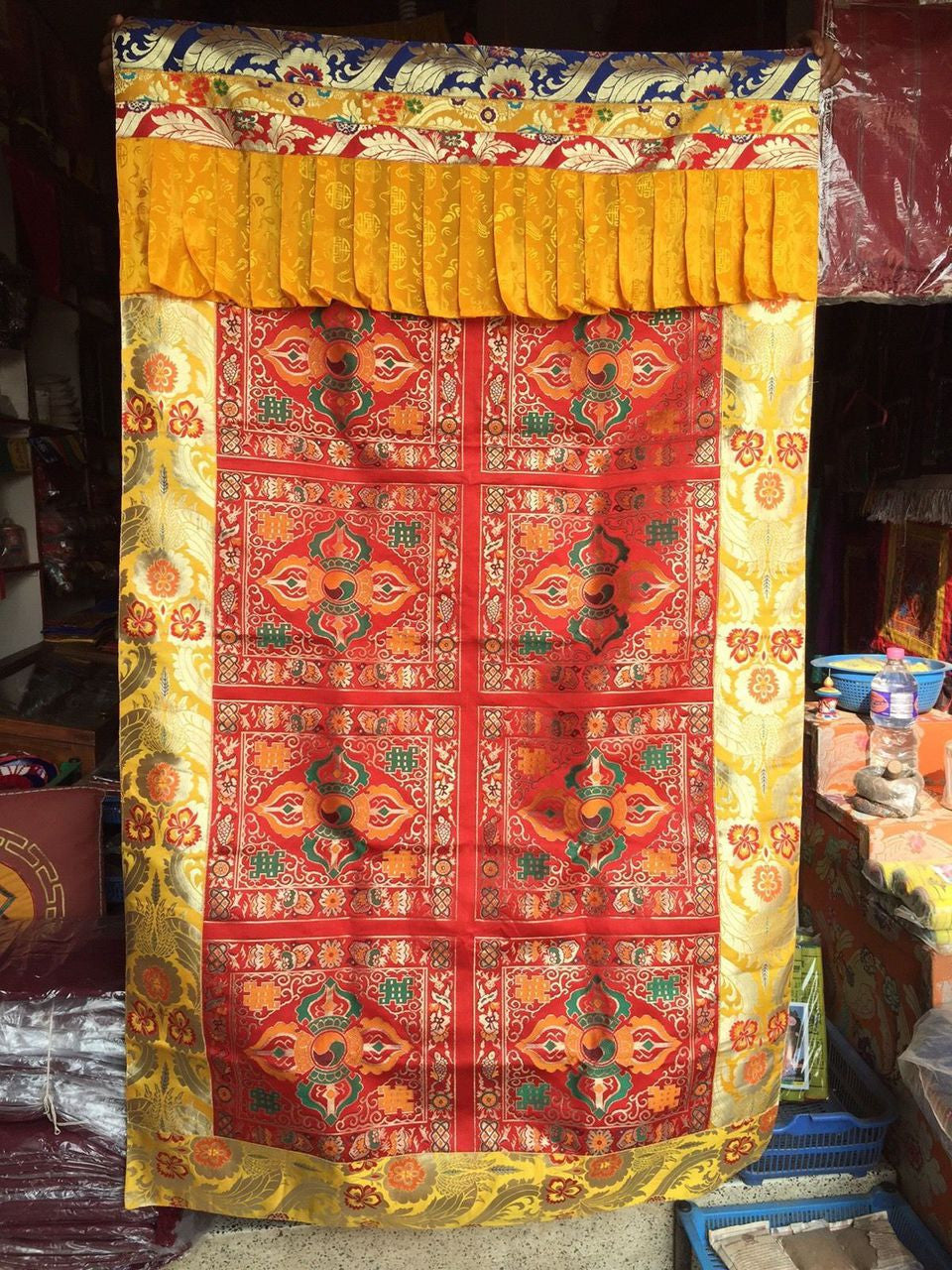 Tibetan Buddhism Silk Brocade Red Double Dorje / Cross Vajra Door hanging / Door Curtain / Door Cover