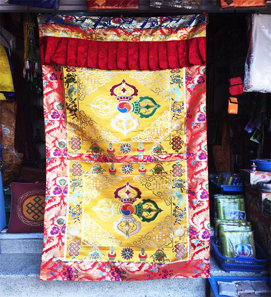 Tibetan Buddhism Silk Brocade Yellow Double Dorje / Cross Vajra Door hanging / Door Curtain / Door cover