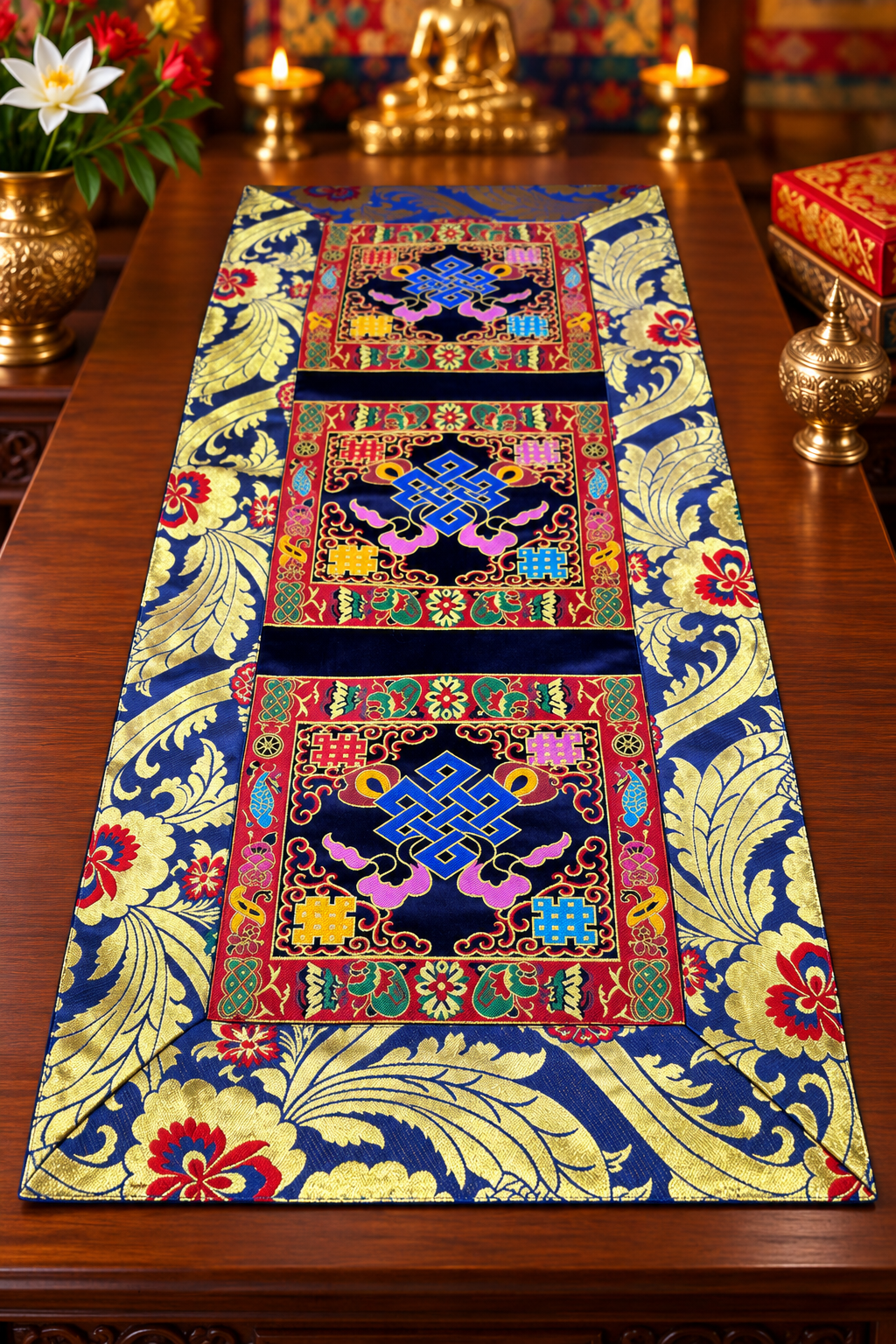 FREE SHIPPING TO USA 🇺🇸 | Tibetan Buddhist Endless Knot Table Runner/ Table cover Traditional Brocade Design | 14 x 34 Inch (36 x 86 cm)