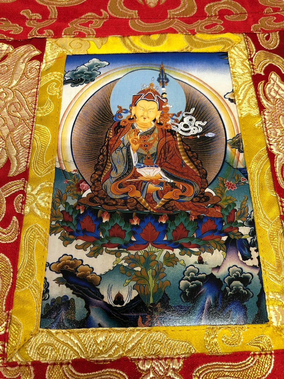 Tibetan silk brocade guru rimpoche small photo thangka / wall hanging