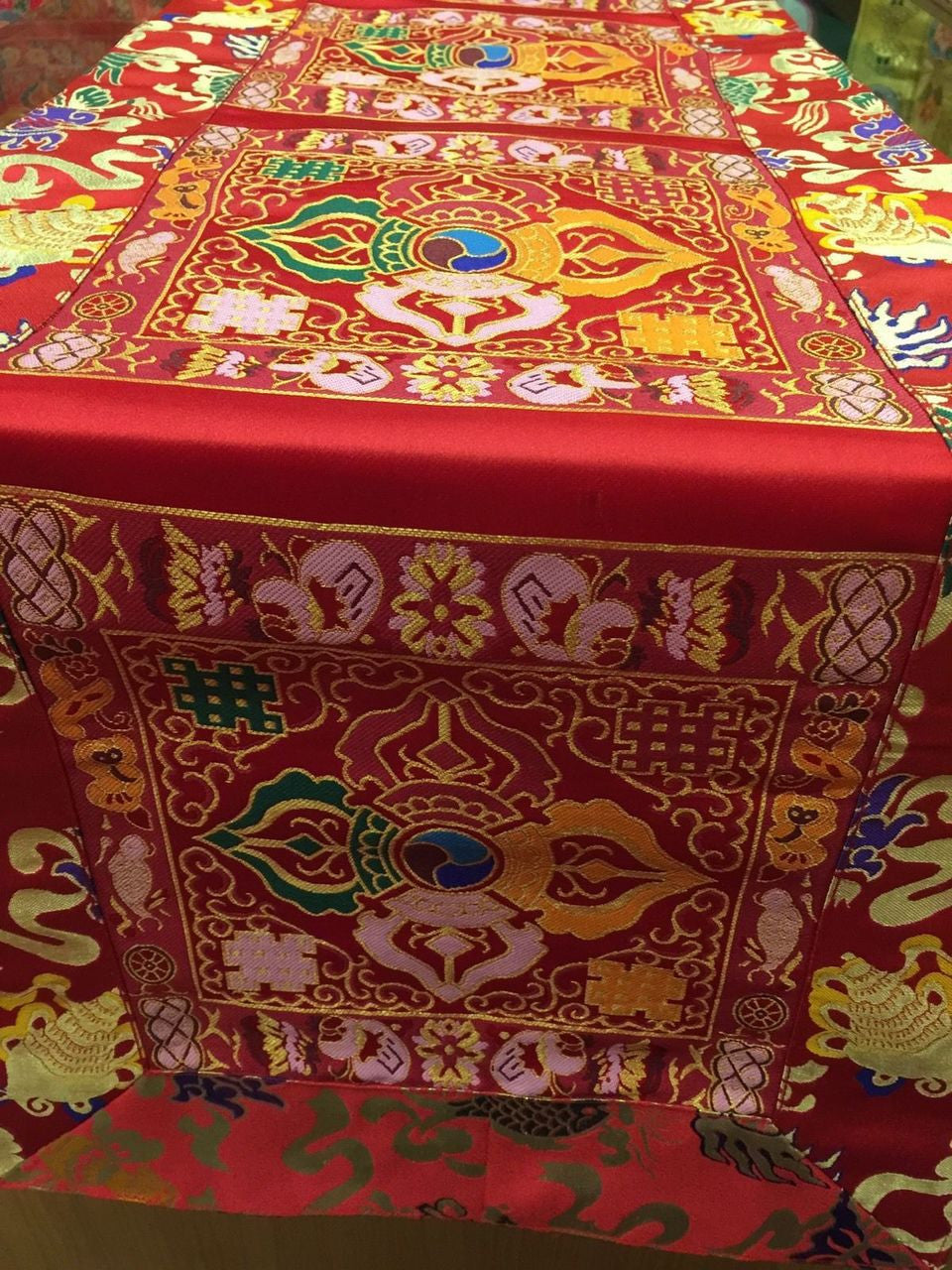 Tibetan red double Dorje Silk Brocade Large Table Runner/shrine table cover